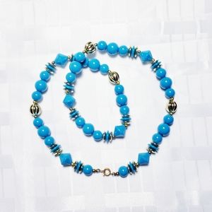 Vintage Blue Acrylic & Gold Tone Necklace 24"